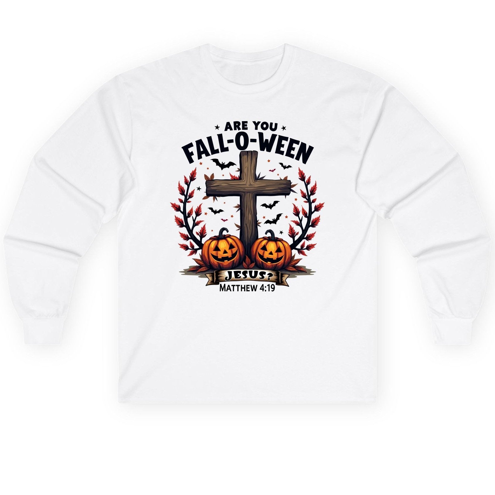 Are You Fall-O-Ween Jesus? christian Halloween Long Sleeve Tee White product mockup