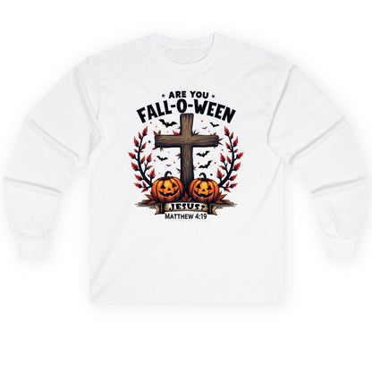 Are You Fall-O-Ween Jesus? christian Halloween Long Sleeve Tee White product mockup