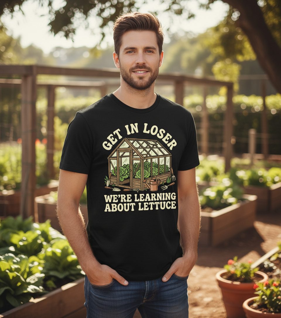 GET IN LOSER WE'RE Learning ABOUT Lettuce Funny Gardening T-Shirt - lifestyle model mockup - Black
