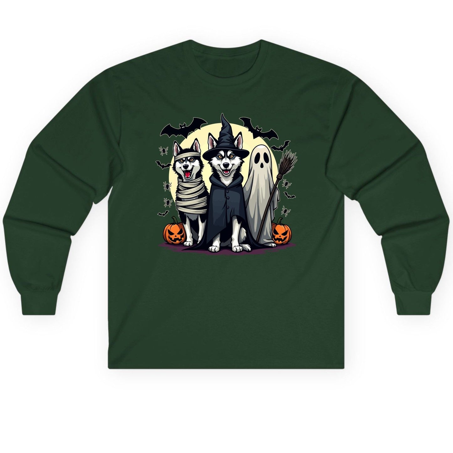 Halloween Huskies in Costumes Halloween huskies Long Sleeve Tee Forest Green product mockup