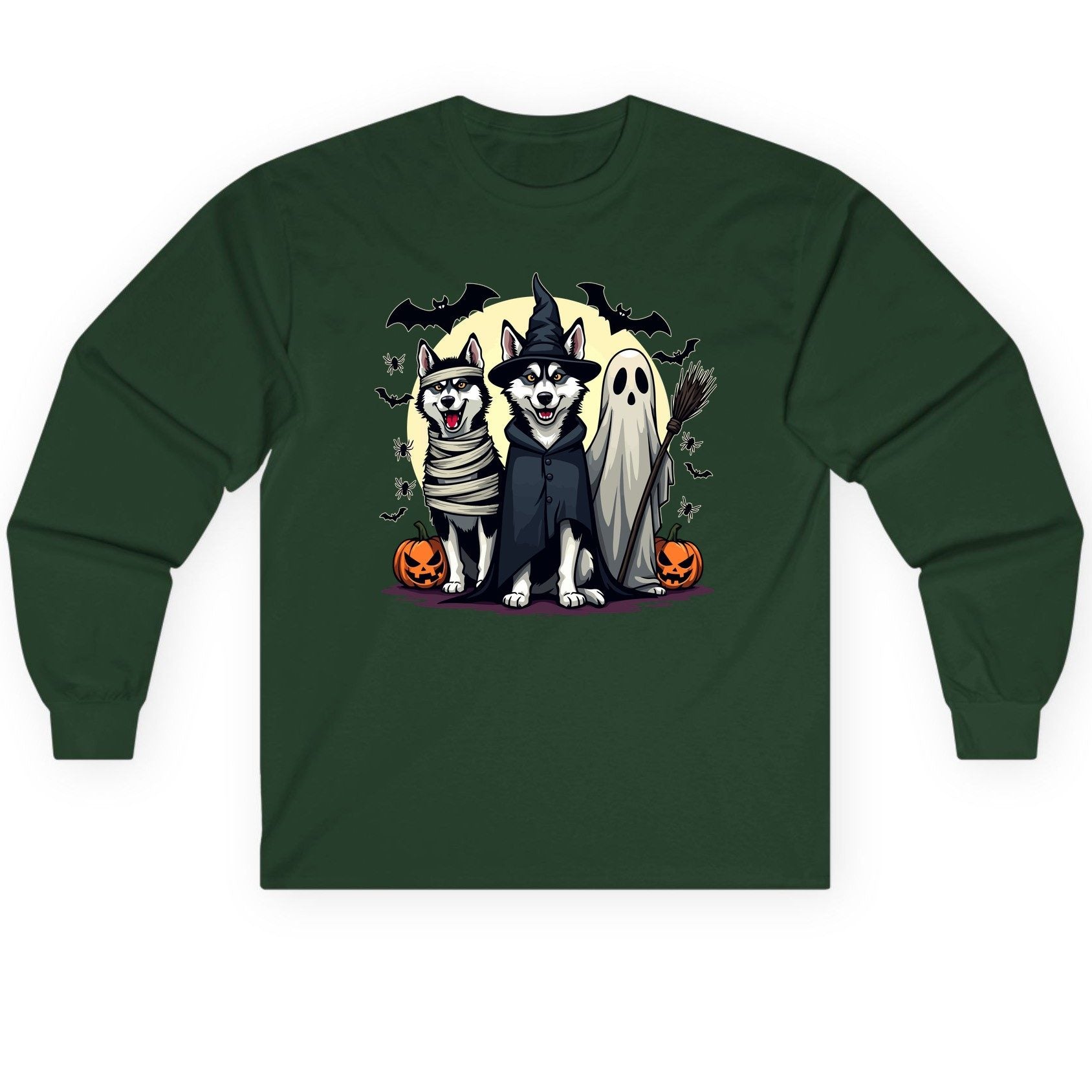 Halloween Huskies in Costumes Halloween huskies Long Sleeve Tee Forest Green product mockup