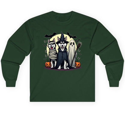 Halloween Huskies in Costumes Halloween huskies Long Sleeve Tee Forest Green product mockup