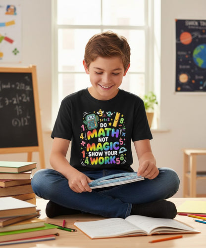 DO MATH NOT MAGIC SHOW YOUR WORK Teachers Youth T-Shirt - lifestyle model mockup - Black