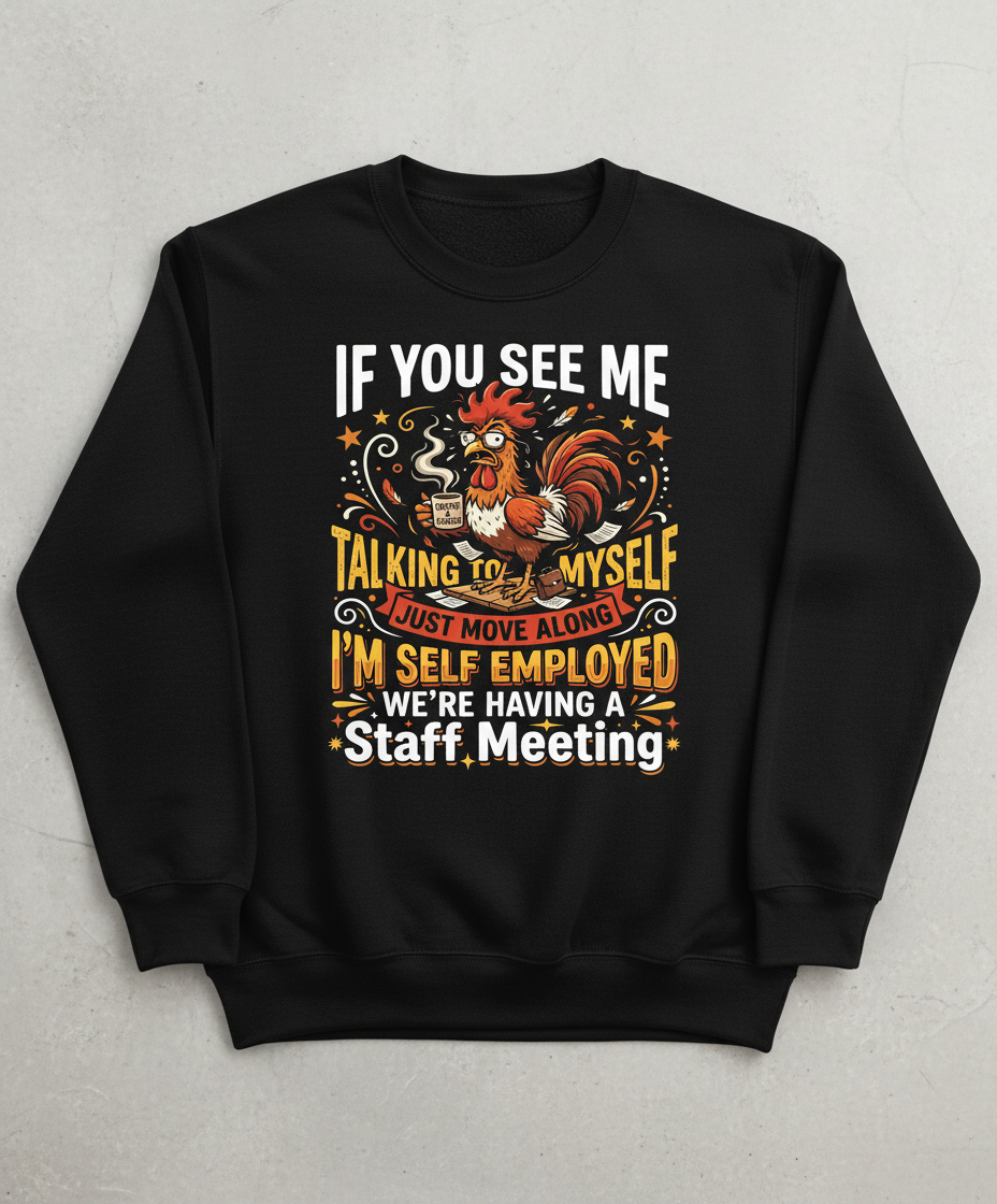 Funny Self-Employed Staff Meeting Rooster Design Sweatshirt - Black