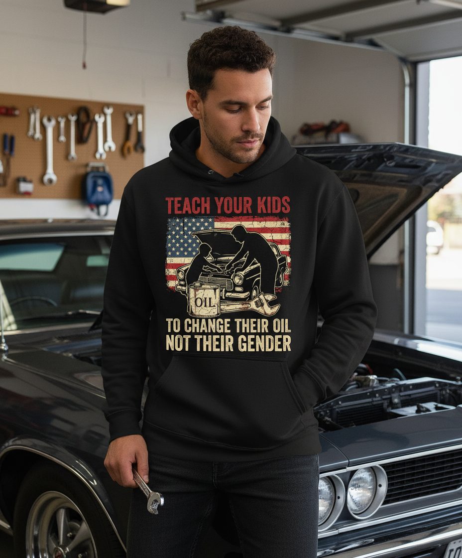 Teach Your Kids to Change Their Oil Not Their Gender car mechanic Hoodie Black lifestyle mockup