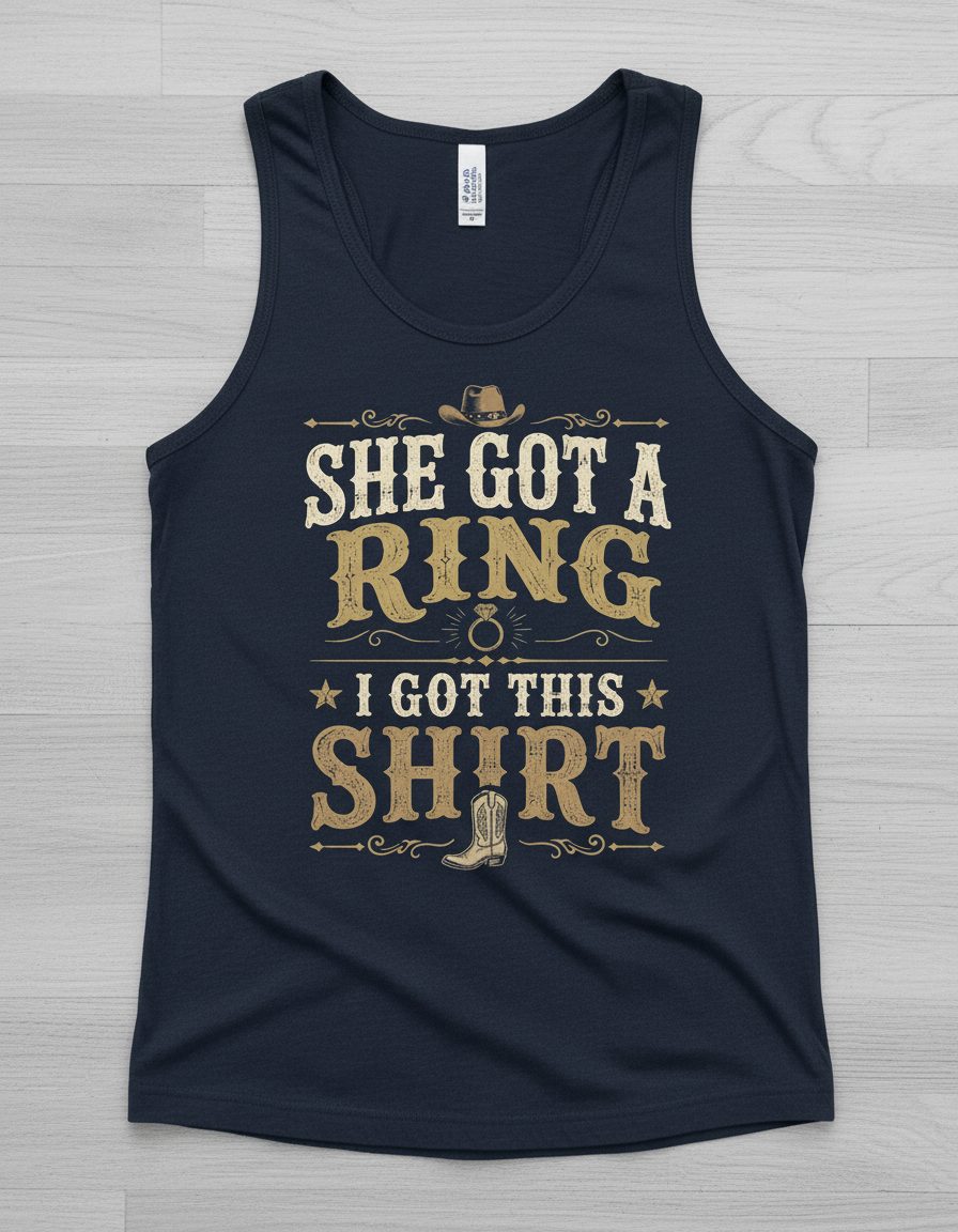 SHE GOT a RING I GOT THIS SHIRT Funny Bachelor Party Tank Top - product mockup - Navy