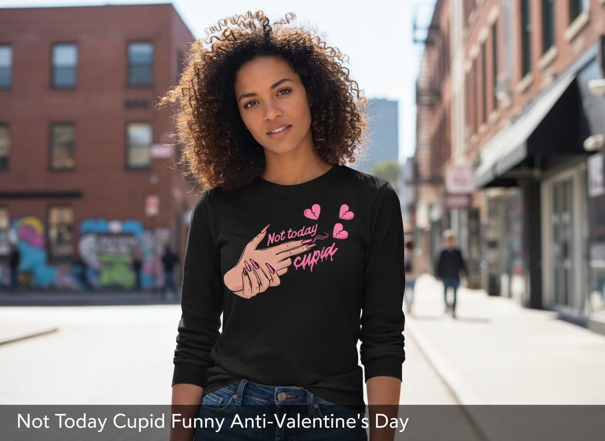 Not Today Cupid anti-Valentine's Day Long Sleeve Tee Black lifestyle mockup
