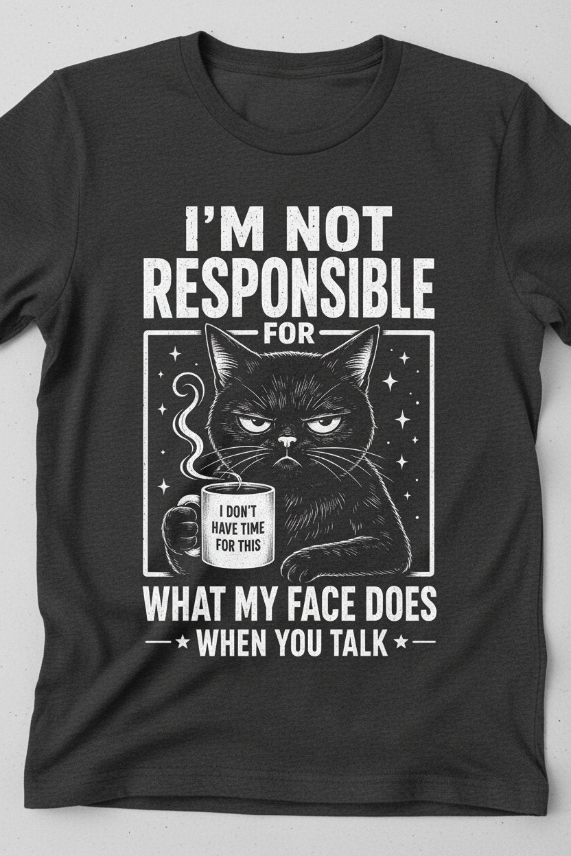 I'm Not Responsible for What My Face Does When You Talk Funny Sarcastic Cat T-Shirt - product mockup - Dark Heather