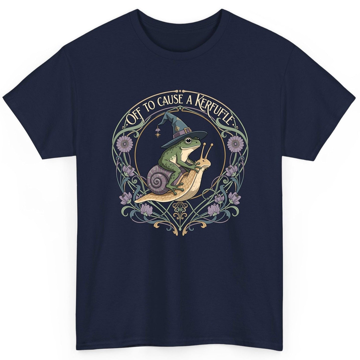 Off to Cause a Kerfuffle frog riding a snail T-Shirt Navy product mockup
