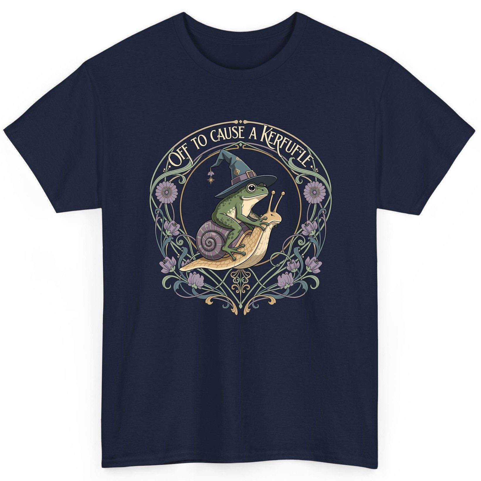 Off to Cause a Kerfuffle frog riding a snail T-Shirt Navy product mockup