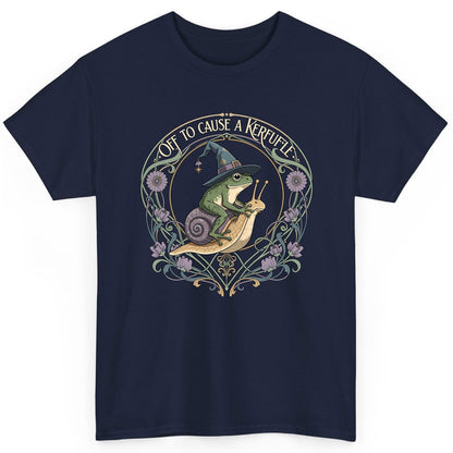 Off to Cause a Kerfuffle frog riding a snail T-Shirt Navy product mockup