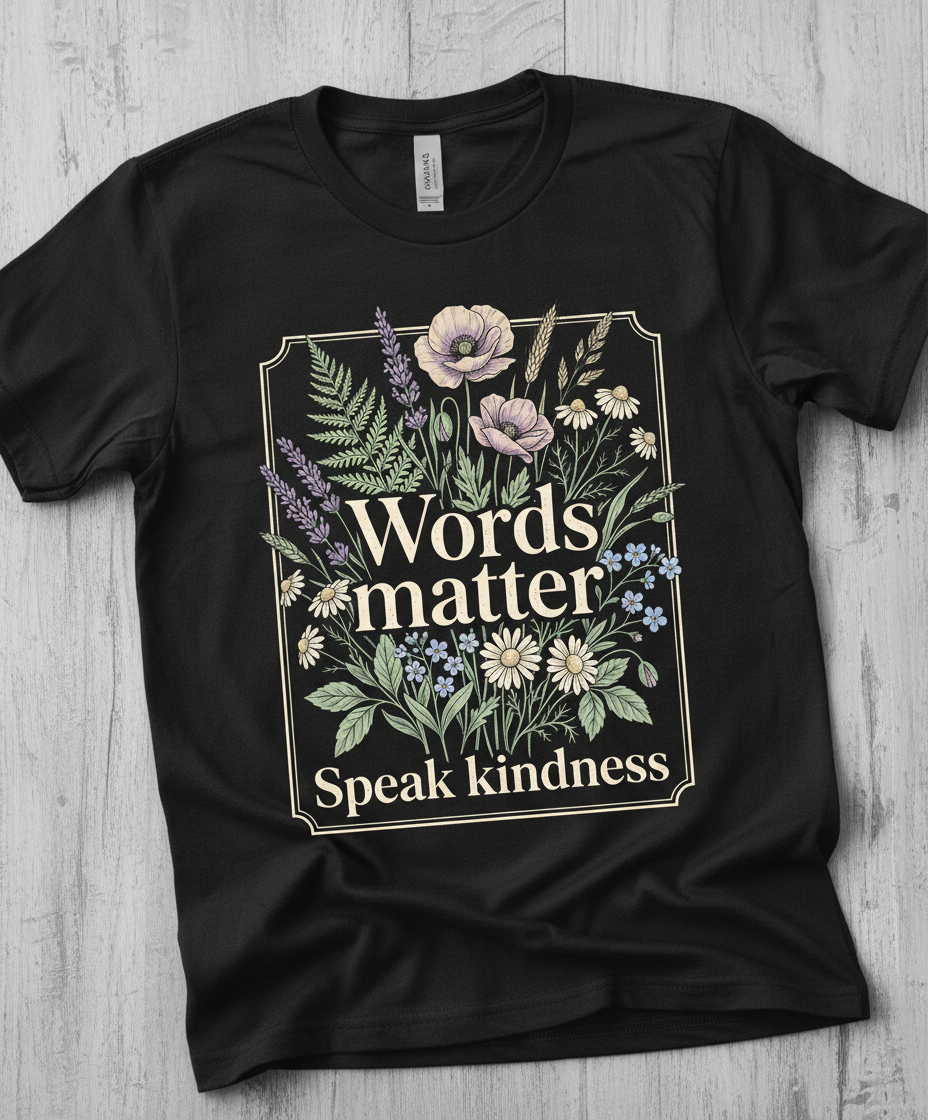 Words Matter Speak Kindness Botanical Floral Illustration T-Shirt - Black