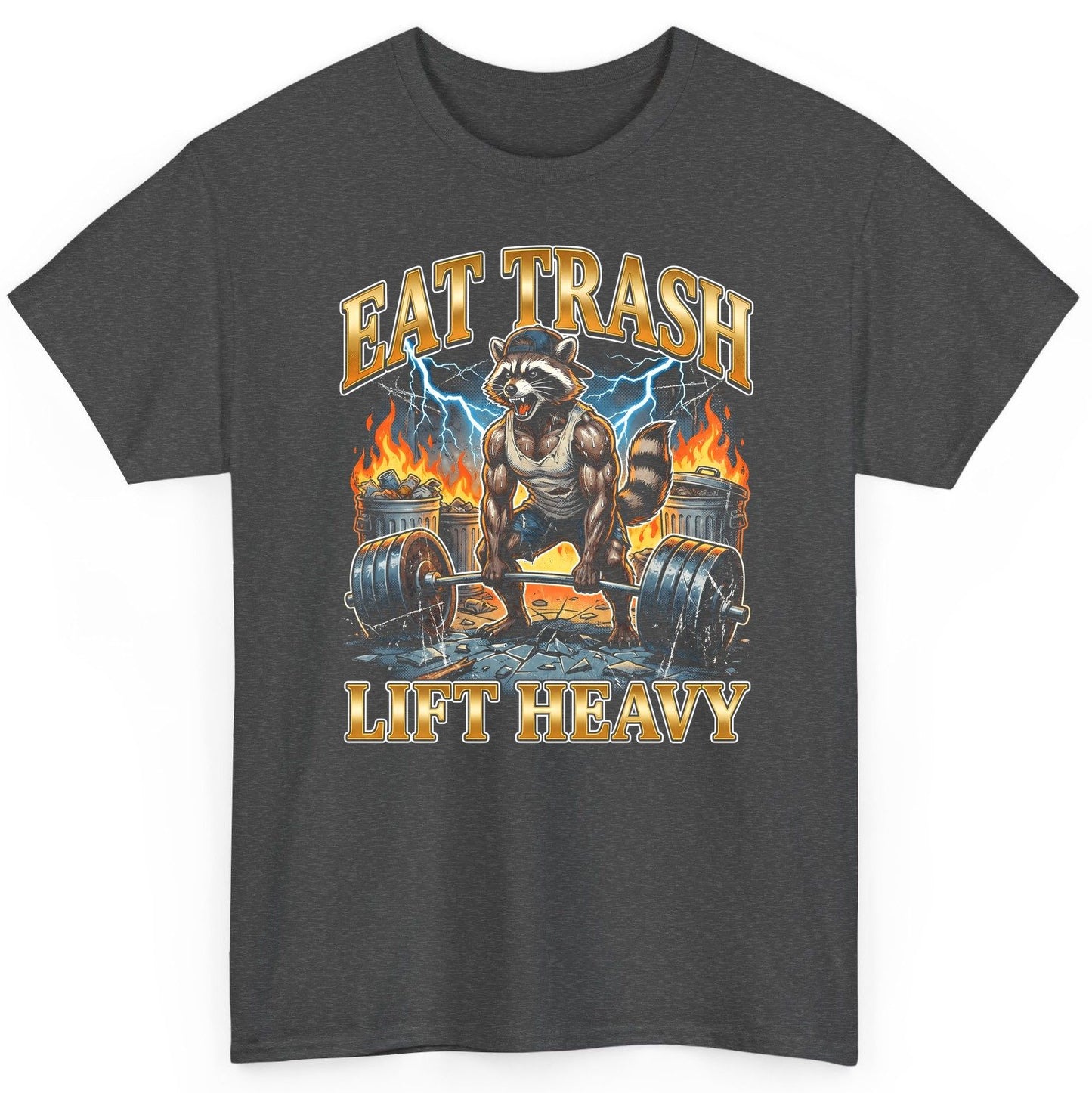 Eat Trash Lift Heavy raccoon T-Shirt Dark Heather product mockup