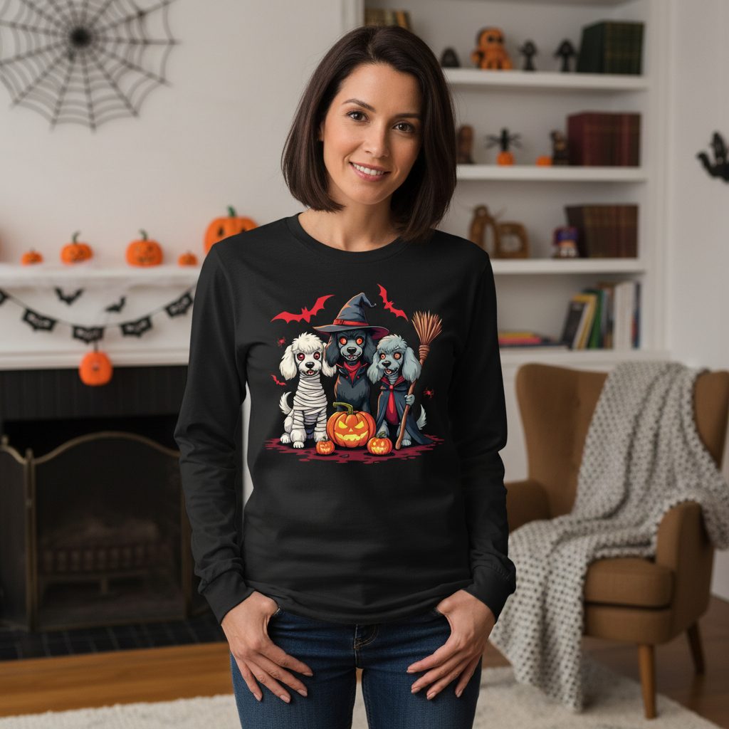 Spooky Poodle Trio Halloween dogs Long Sleeve Tee Black lifestyle mockup