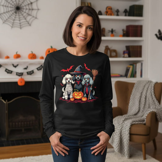Spooky Poodle Trio Halloween dogs Long Sleeve Tee Black lifestyle mockup