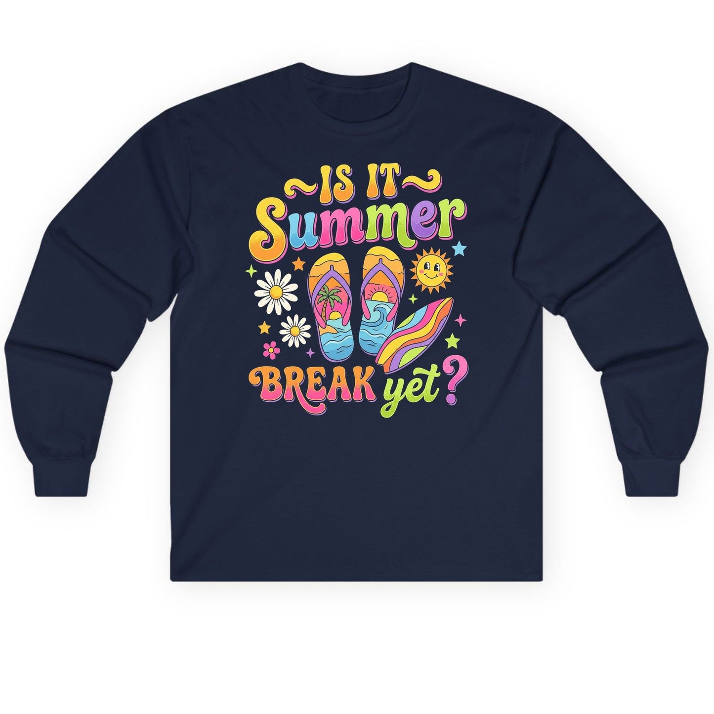 Is It Summer Break Yet Retro Vacation Long Sleeve Tee - product mockup - Navy