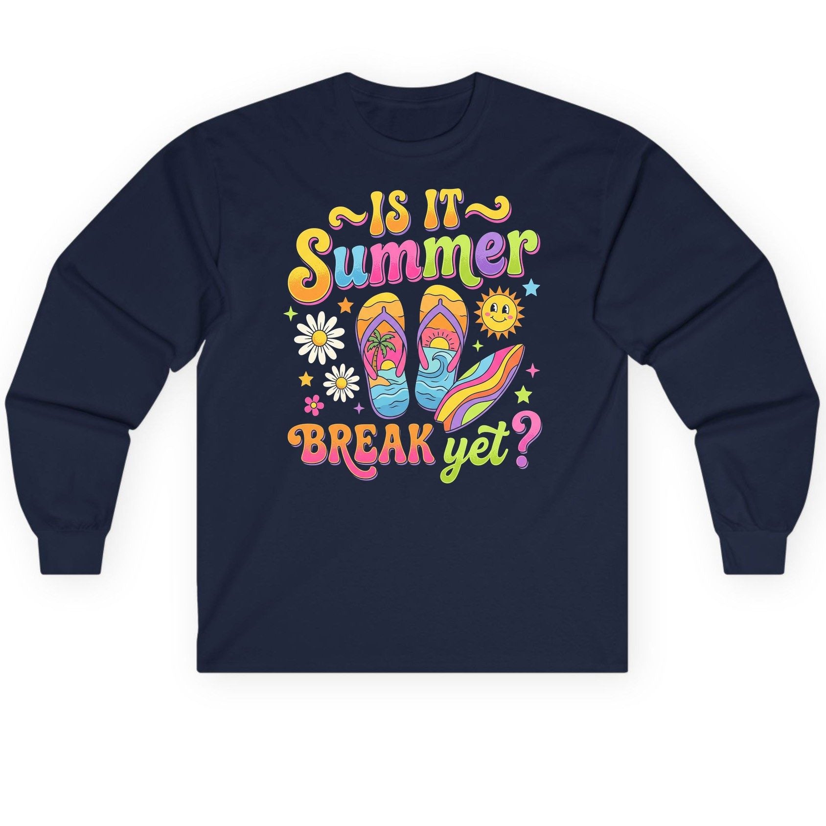 Is It Summer Break Yet Retro Vacation Long Sleeve Tee - product mockup - Navy