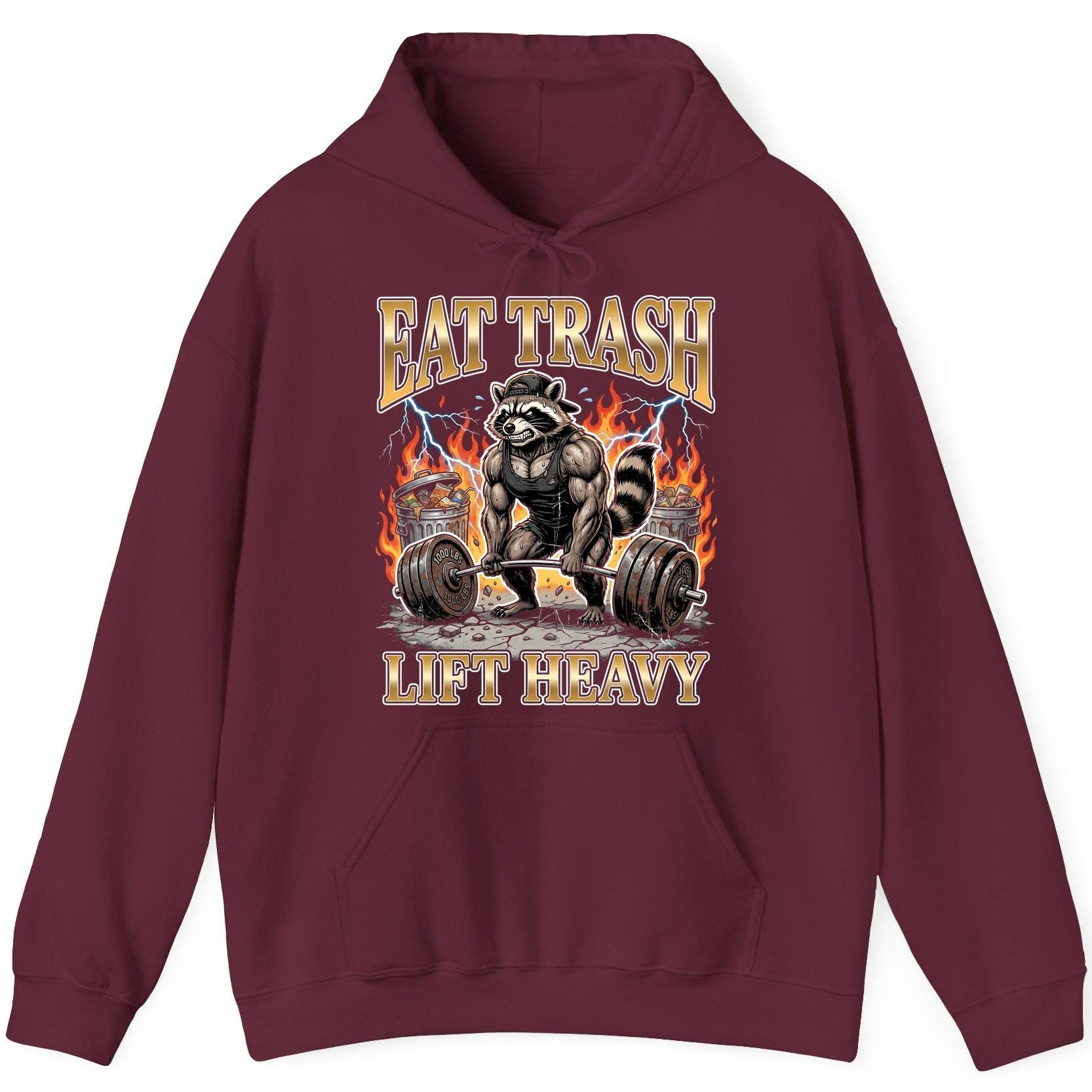 Eat Trash Lift Heavy weightlifting raccoon Hoodie Maroon product mockup