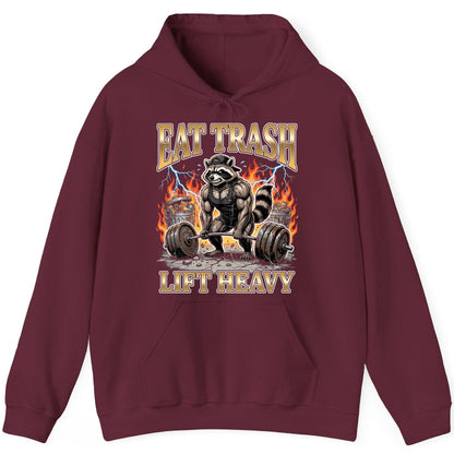 Eat Trash Lift Heavy weightlifting raccoon Hoodie Maroon product mockup