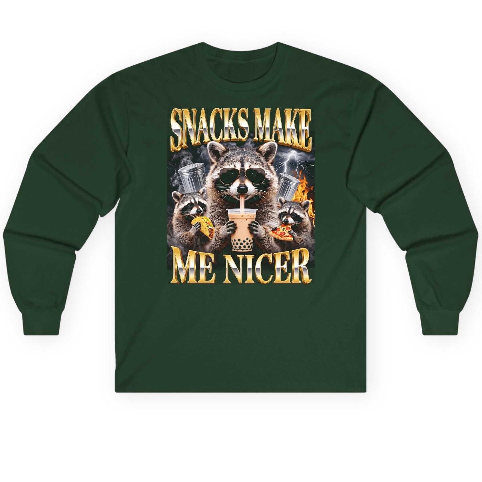 SNACKS MAKE ME NICER Funny Raccoon Long Sleeve Tee - product mockup - Forest Green