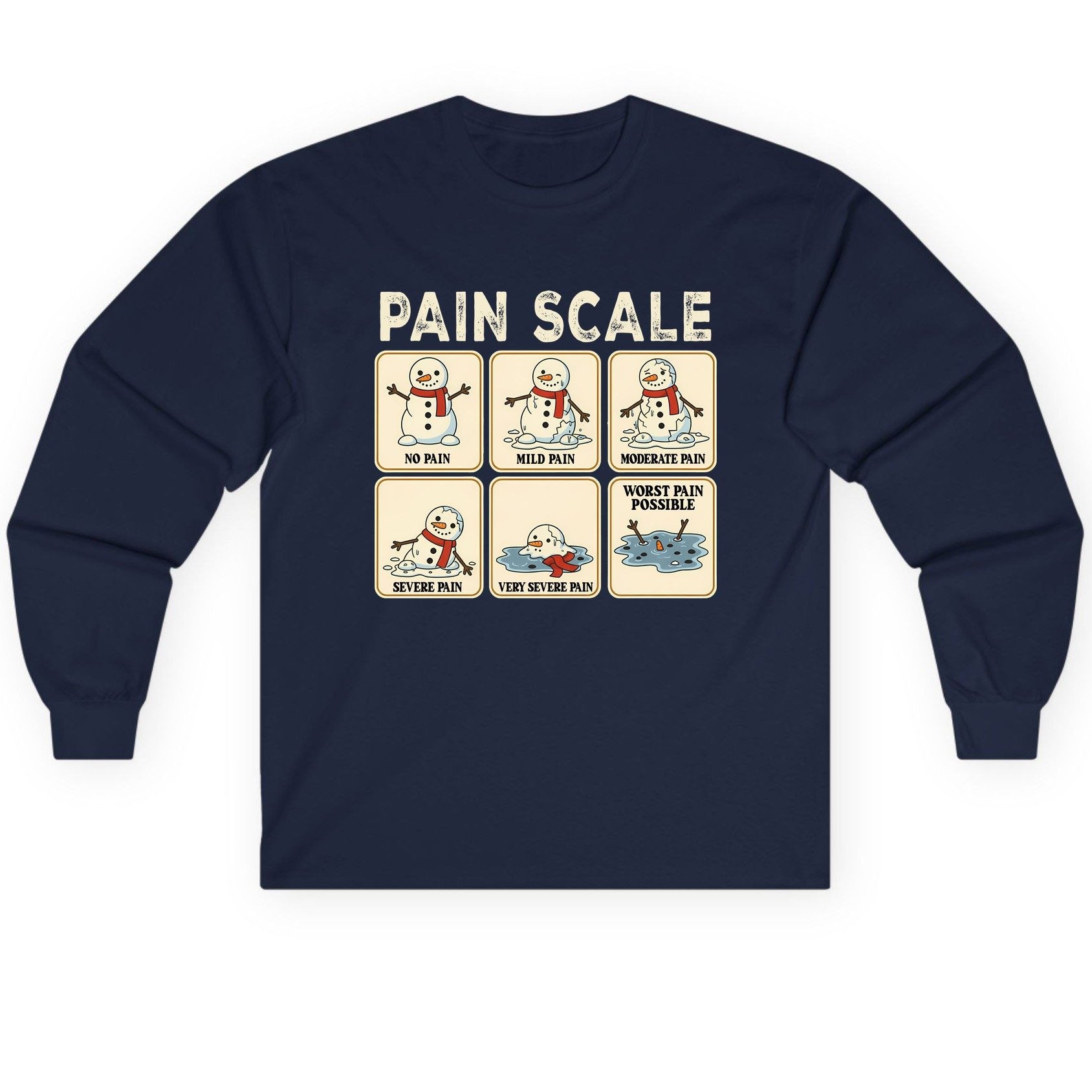 Pain Scale No Pain Mild Pain Moderate Pain Severe Pain Very Severe Pain Worst Pain Possible snowman Long Sleeve Tee Navy