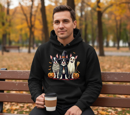 Halloween Boston Terrier Trio boston terrier Hoodie Black lifestyle mockup