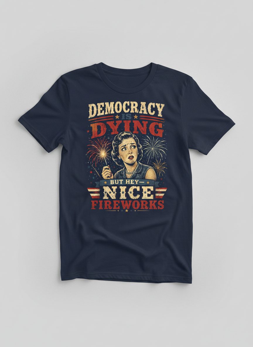 Democracy Is Dying but Hey Nice Fireworks T-Shirt - product mockup - Navy