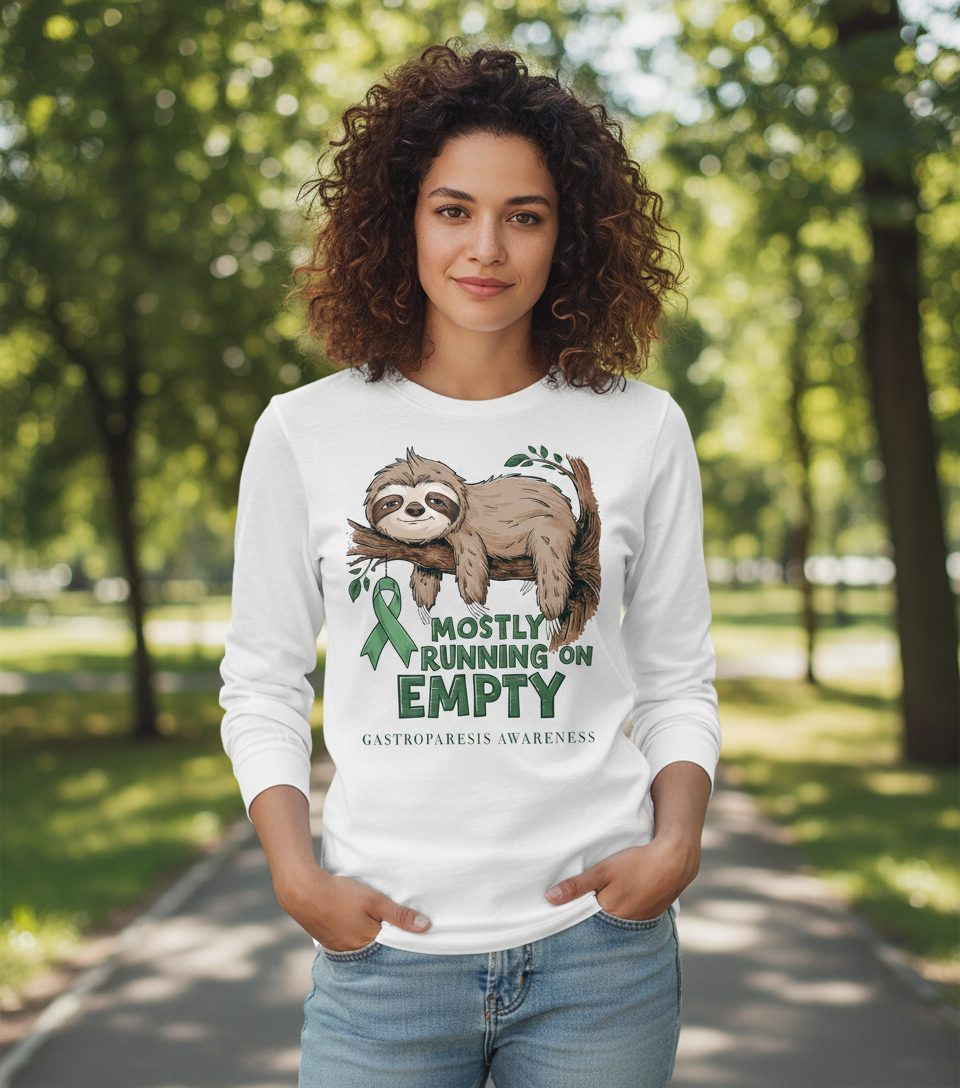 Mostly Running on Empty Gastroparesis Awareness gastroparesis awareness Long Sleeve Tee White lifestyle mockup