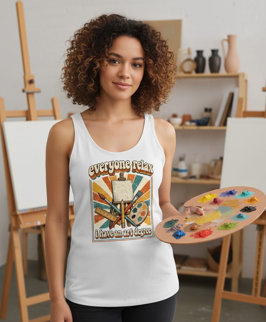 Everyone Relax I Have an Art Degree artist humor Tank Top White lifestyle mockup