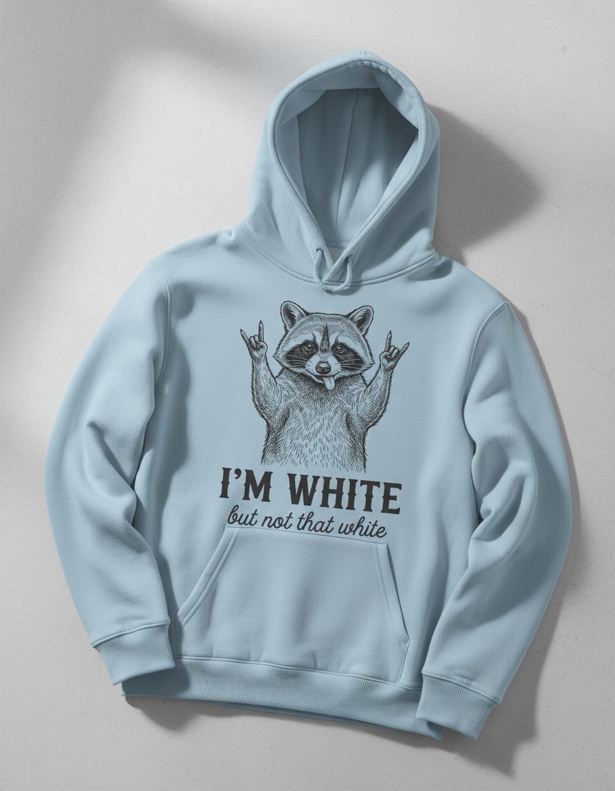 I'M WHITE but Not That White Funny Raccoon Hoodie - product mockup - Light Blue