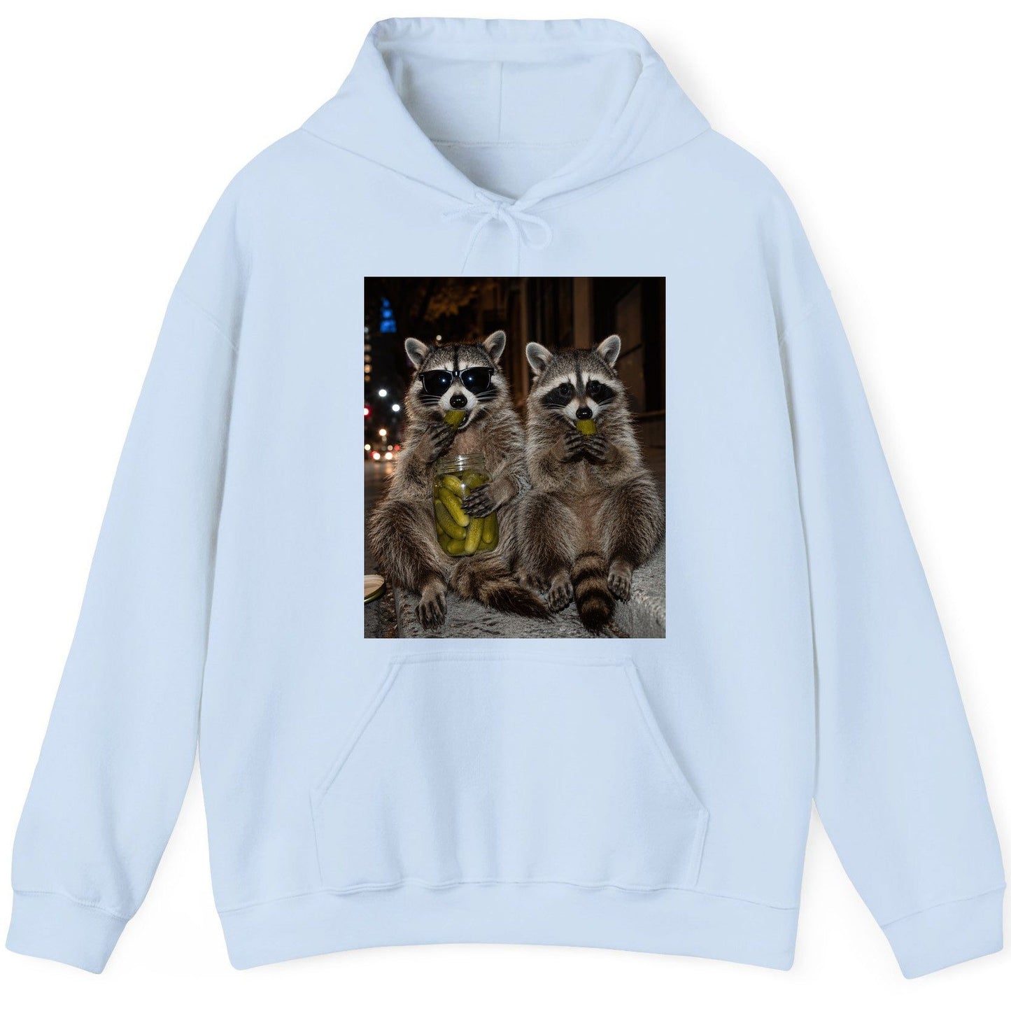 Raccoons Eating Pickles Funny Animal Lovers Hoodie - product mockup - Light Blue