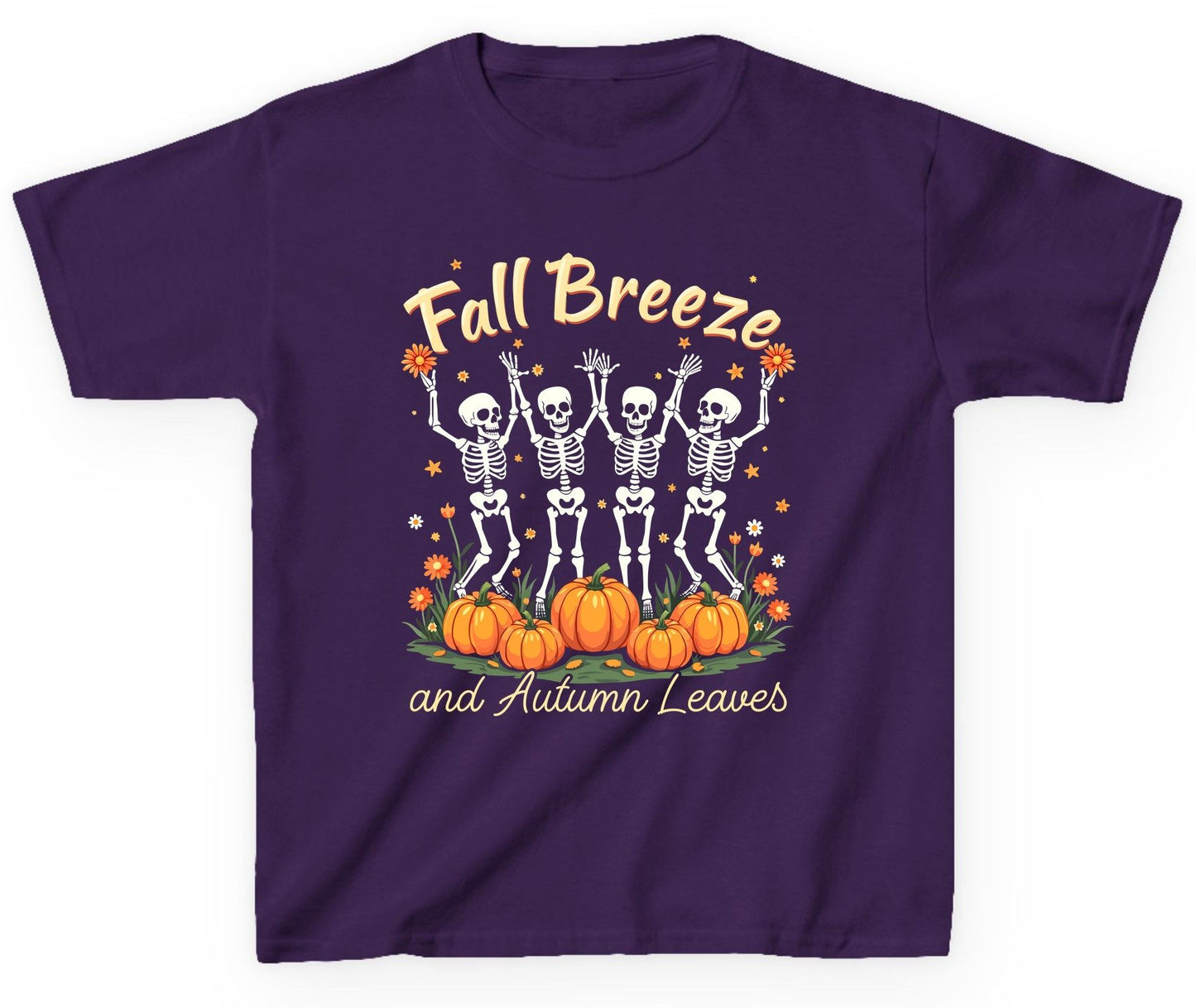 Fall Breeze and Autumn Leaves dancing skeletons Youth T-Shirt Purple product mockup