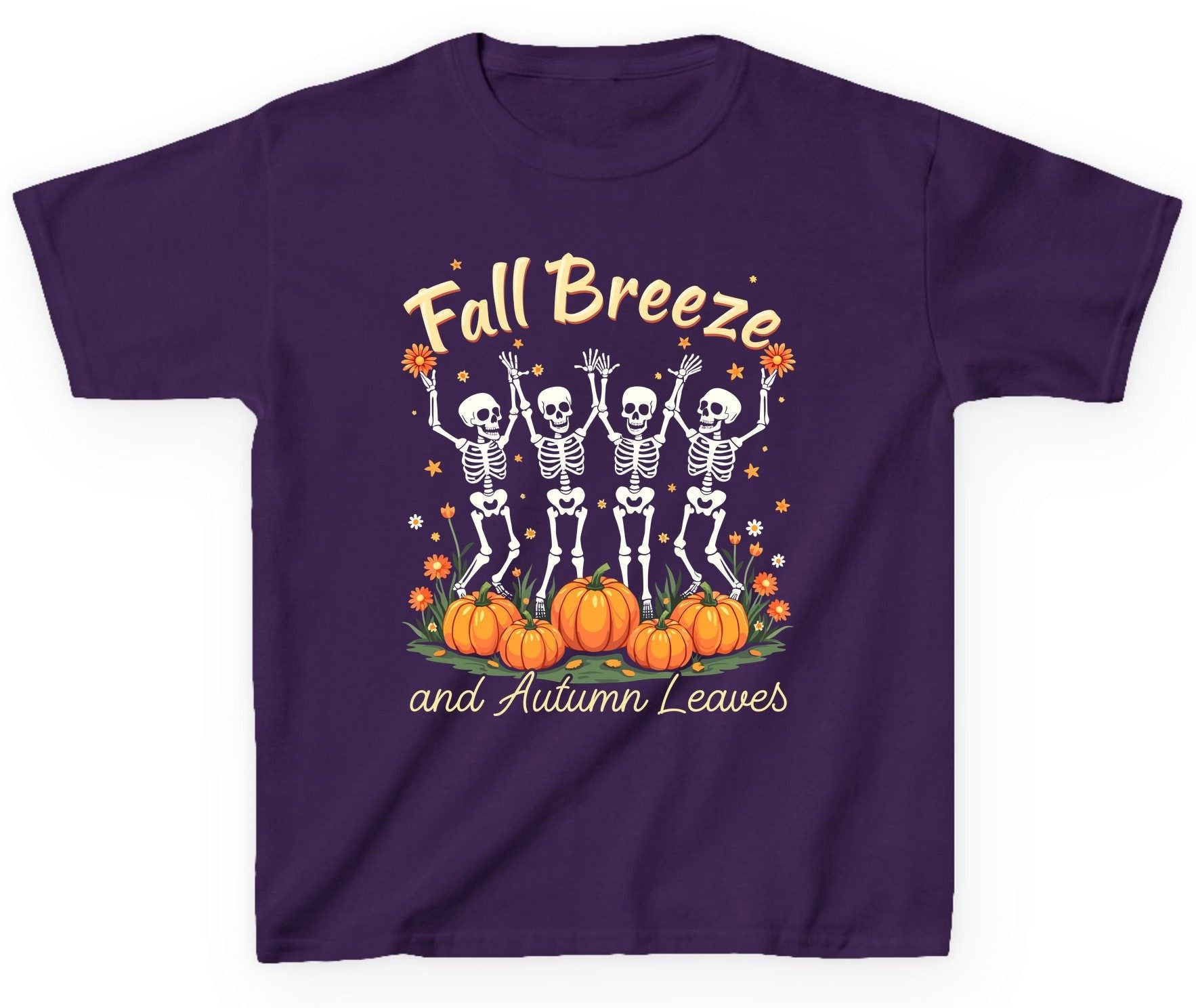 Fall Breeze and Autumn Leaves dancing skeletons Youth T-Shirt Purple product mockup