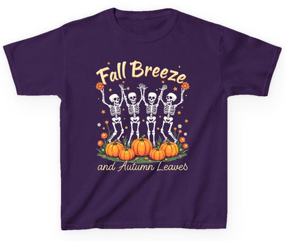 Fall Breeze and Autumn Leaves dancing skeletons Youth T-Shirt Purple product mockup