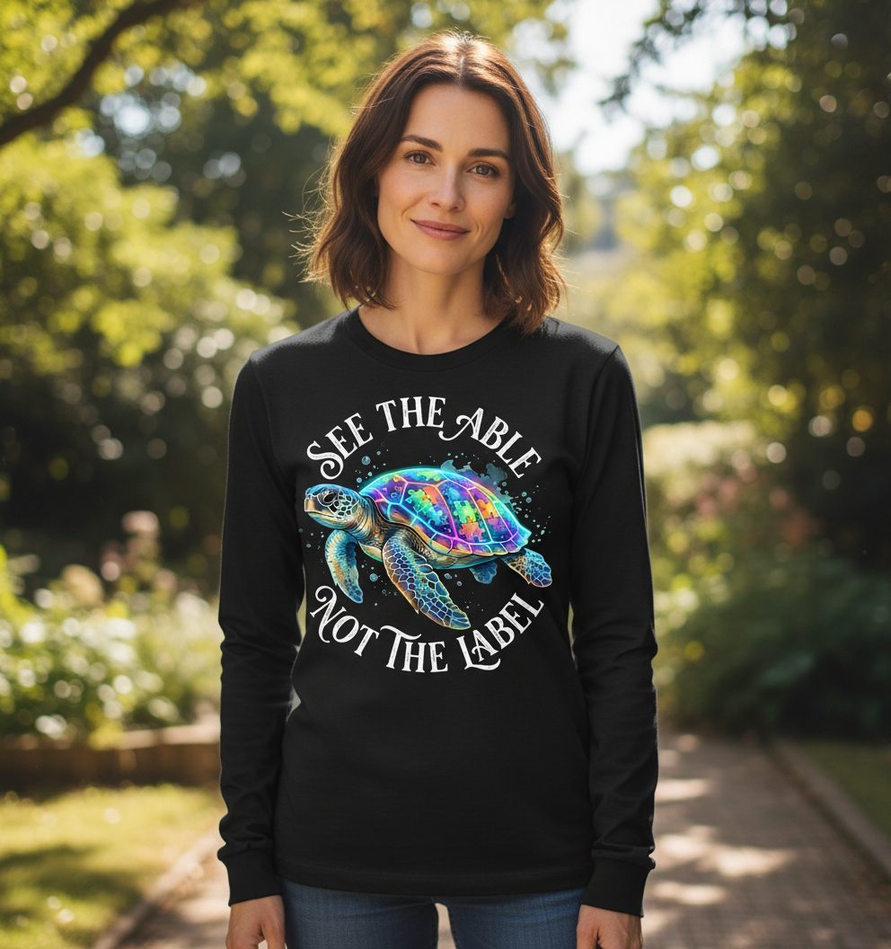 See the Able Not the Label Autism Awareness Long Sleeve Tee - lifestyle model mockup - Black