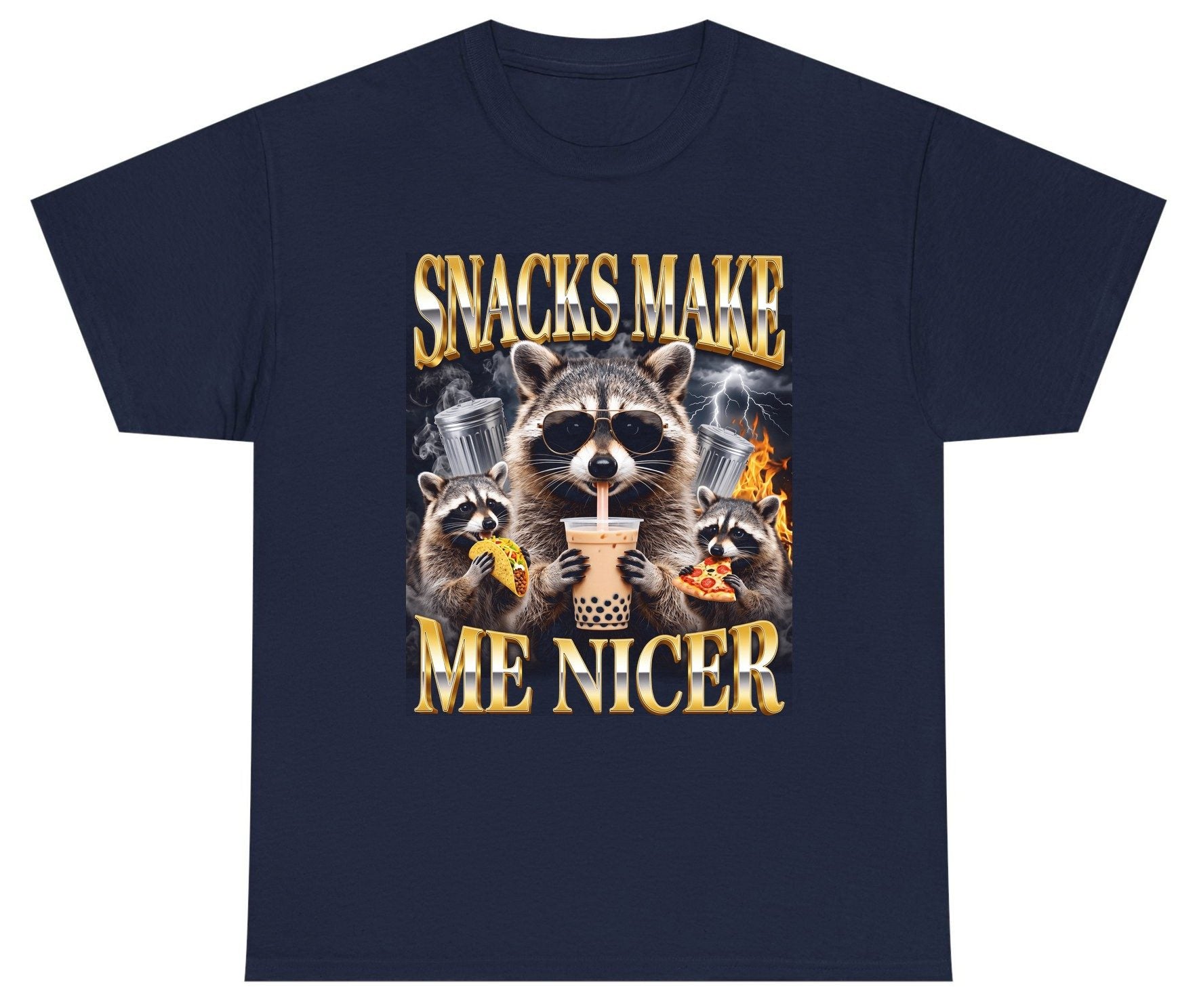 SNACKS MAKE ME NICER Funny Raccoon Youth T-Shirt - product mockup - Navy