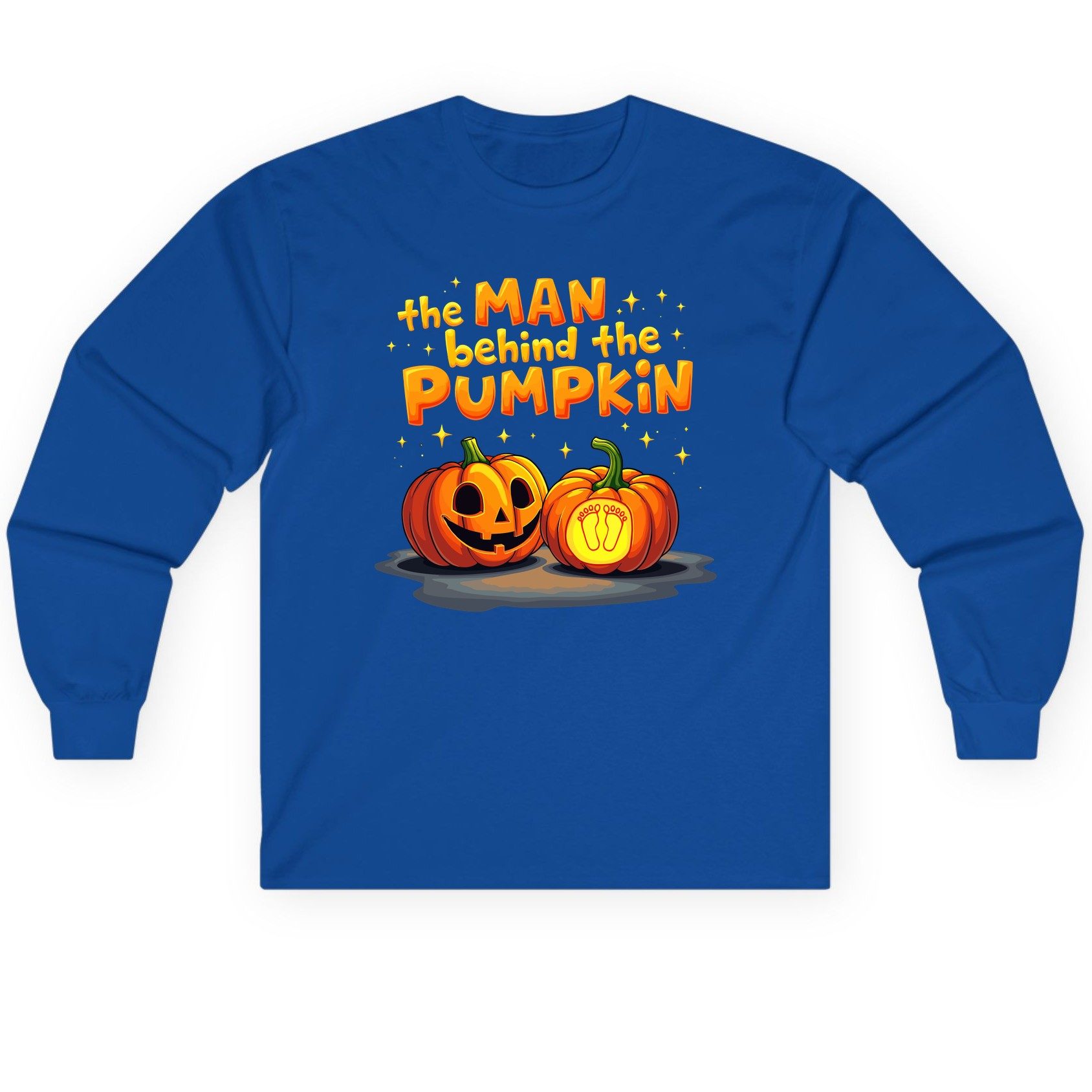 The Man Behind the Pumpkin Halloween pregnancy announcement Long Sleeve Tee Royal product mockup
