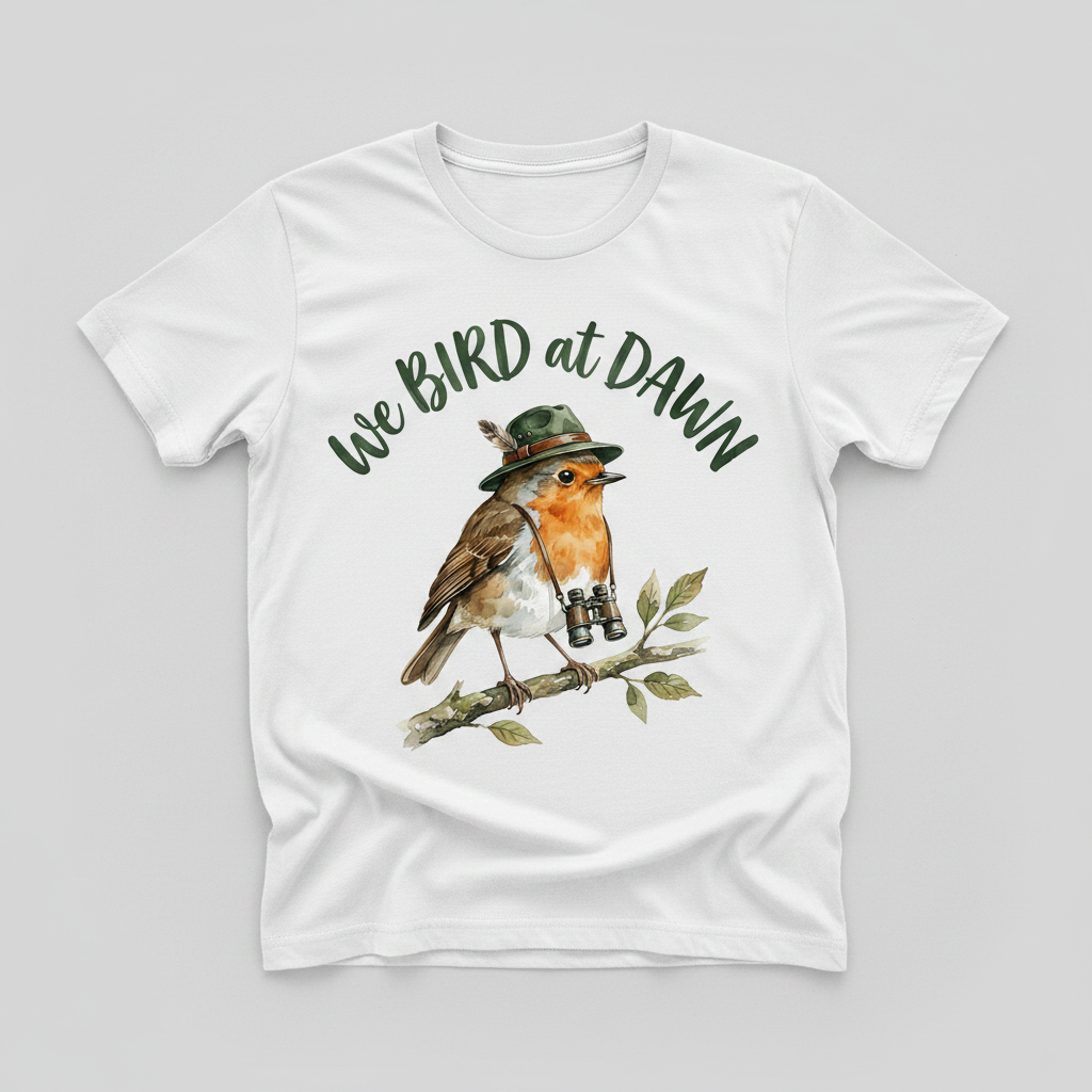 Watercolor Robin Birdwatcher with Hat and Binoculars T-Shirt - product mockup - White