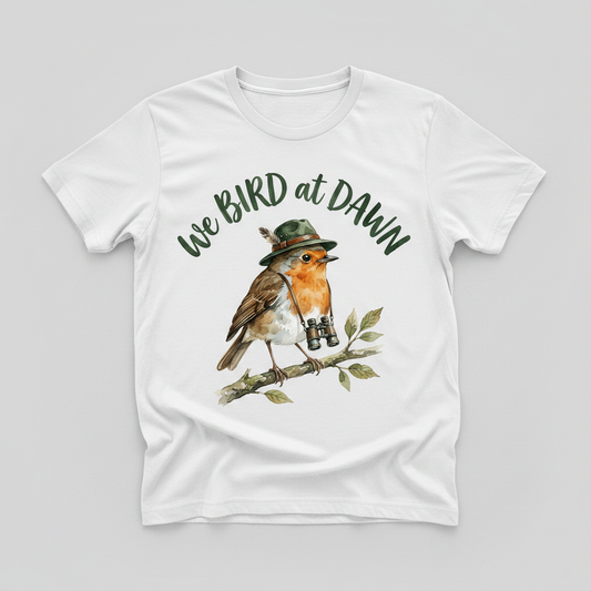 Watercolor Robin Birdwatcher with Hat and Binoculars T-Shirt - product mockup - White