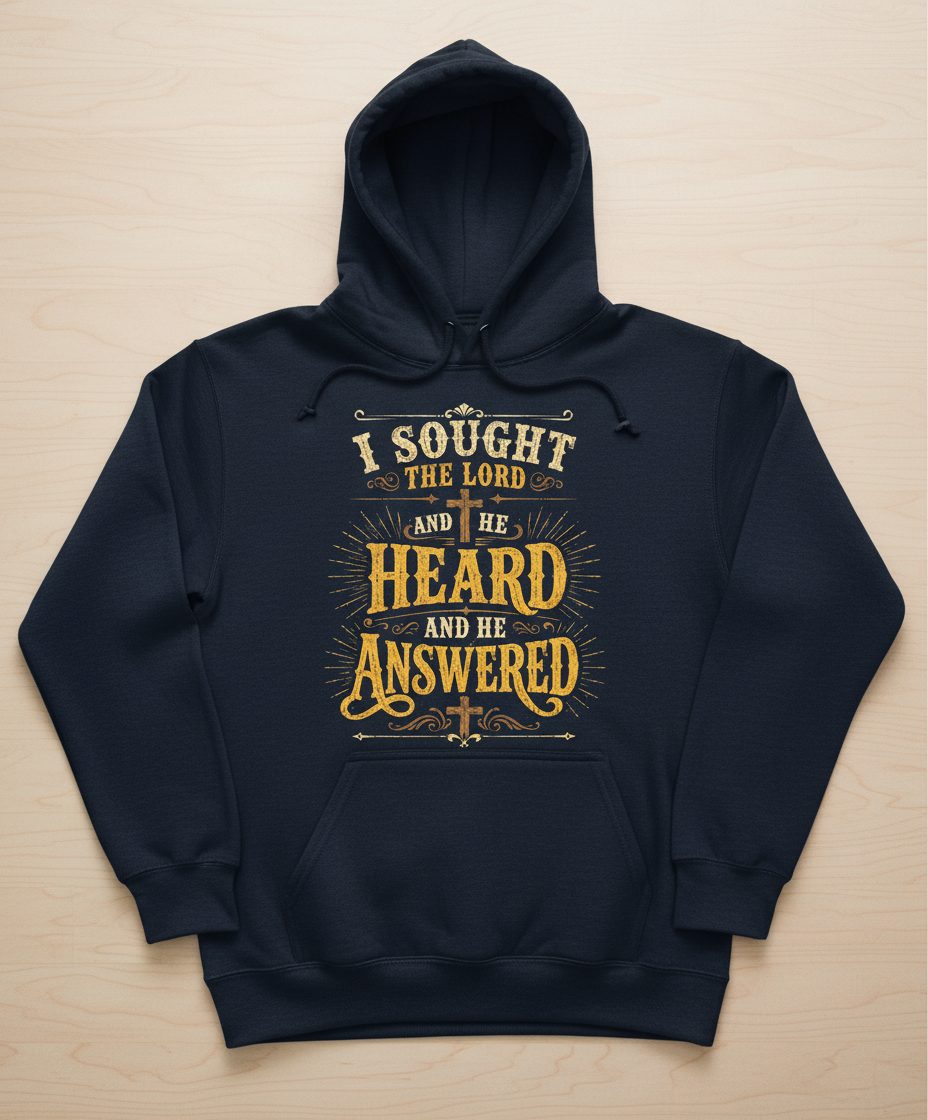 I Sought the Lord and He Heard and He Answered Hoodie - product mockup - Navy