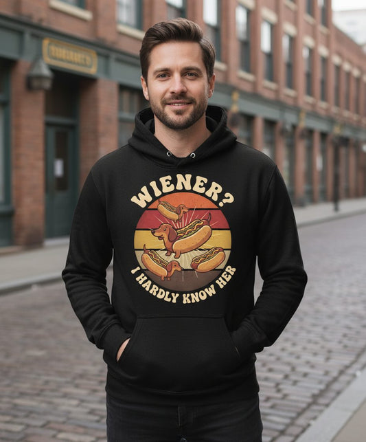 Wiener I Hardly Know Her dachshund Hoodie Black lifestyle mockup