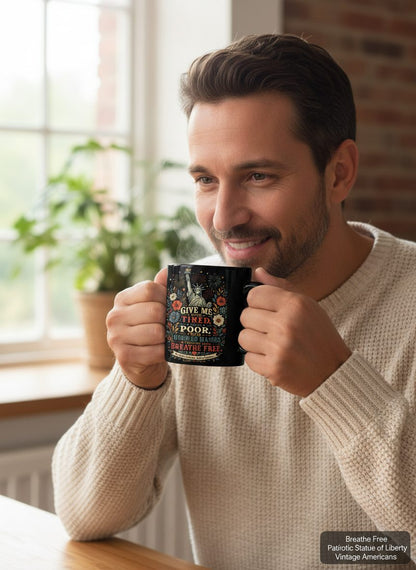 Breathe Free Patriotic Statue Liberty Vintage Americans Black Mug - lifestyle model mockup - Black