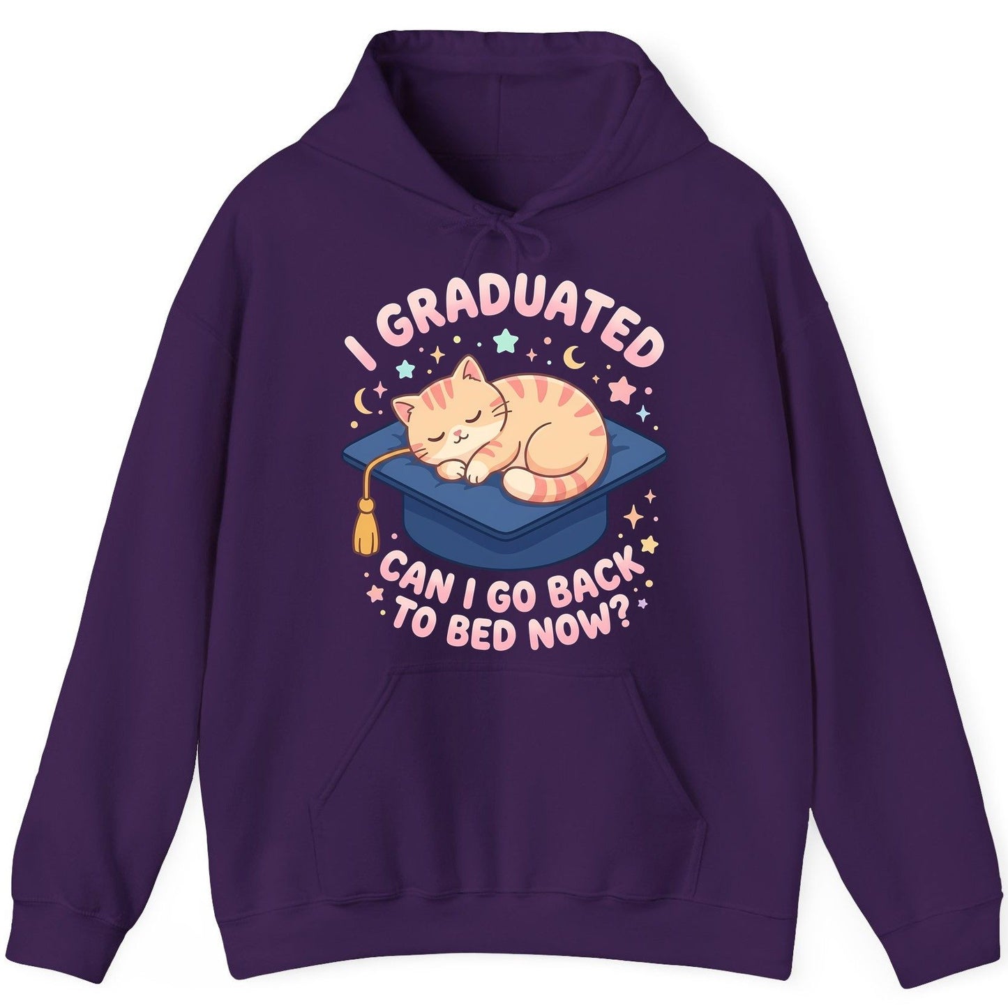 I Graduated CAN I GO BACK TO BED NOW Funny Graduation Cat Hoodie - product mockup - Purple