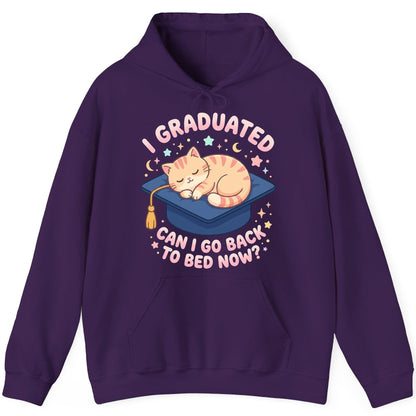 I Graduated CAN I GO BACK TO BED NOW Funny Graduation Cat Hoodie - product mockup - Purple