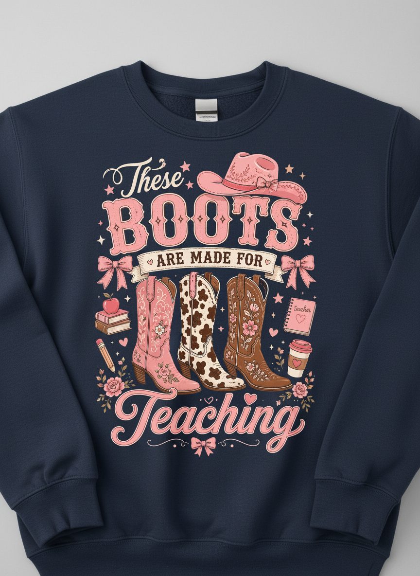These Boots Are Made for Teaching Teacher Sweatshirt - product mockup - Navy