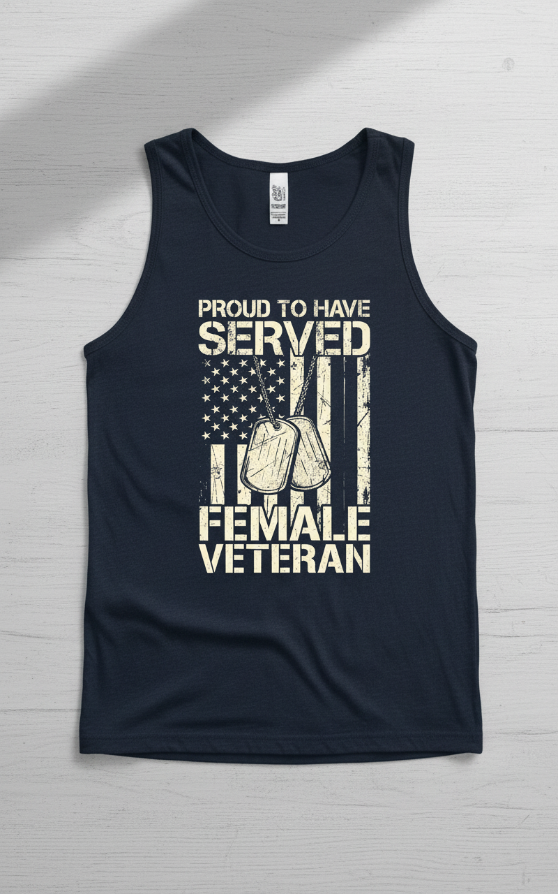 Proud Female Veteran American Flag Dog Tags Design Tank Top - Navy
