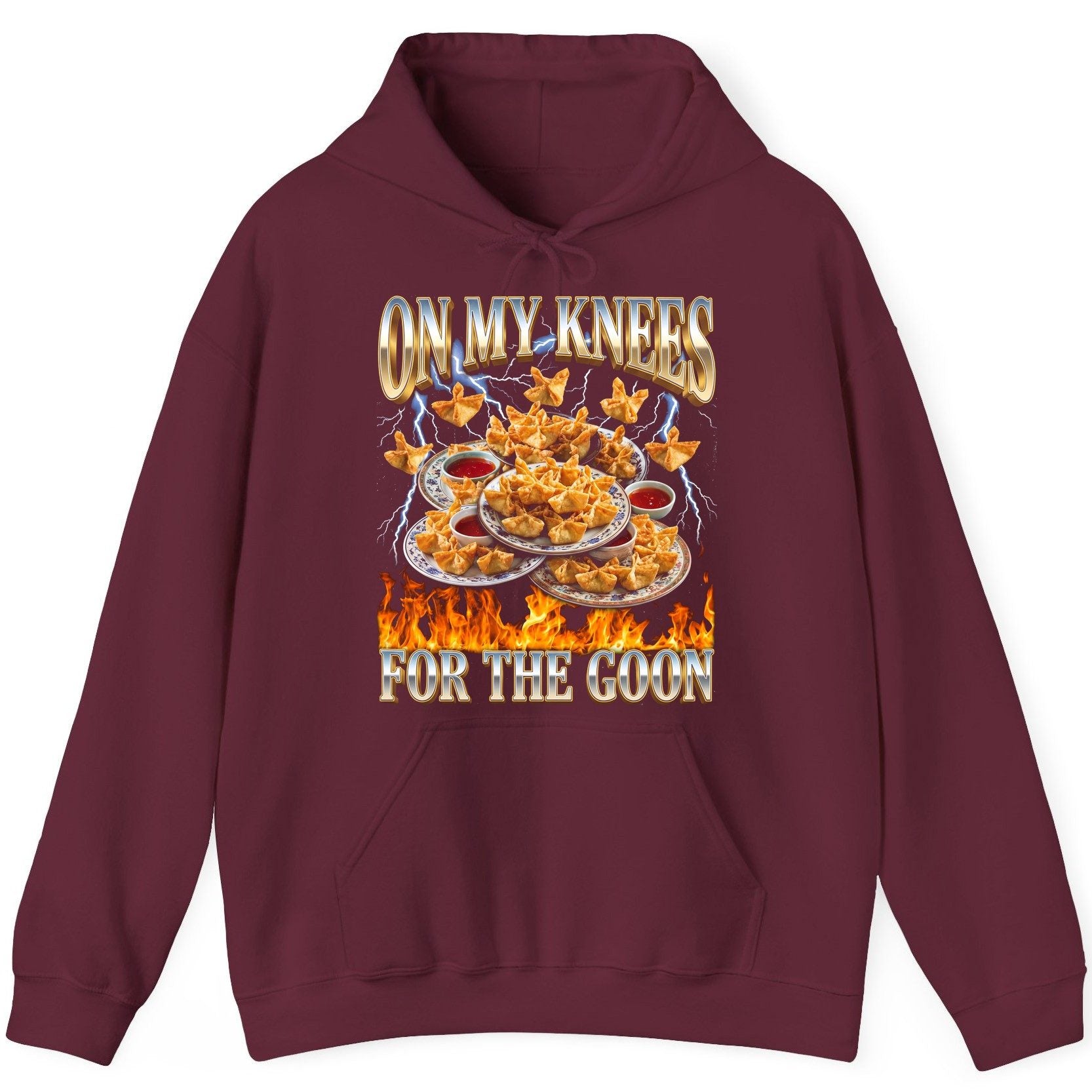 On My Knees for the Goon crab rangoon Hoodie Maroon product mockup