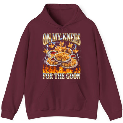 On My Knees for the Goon crab rangoon Hoodie Maroon product mockup