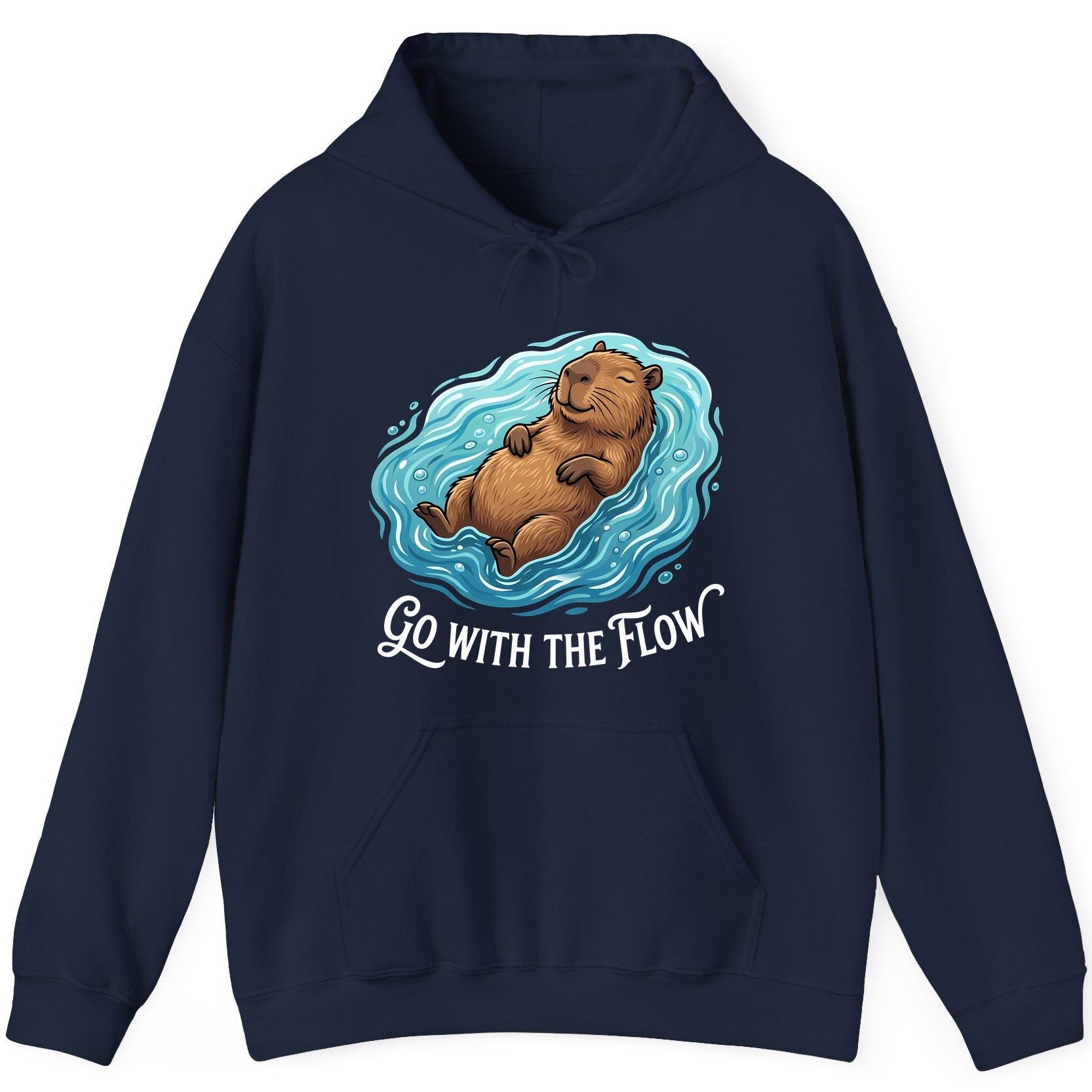 Go WITH THE Flow Funny Capybara Hoodie - product mockup - Navy