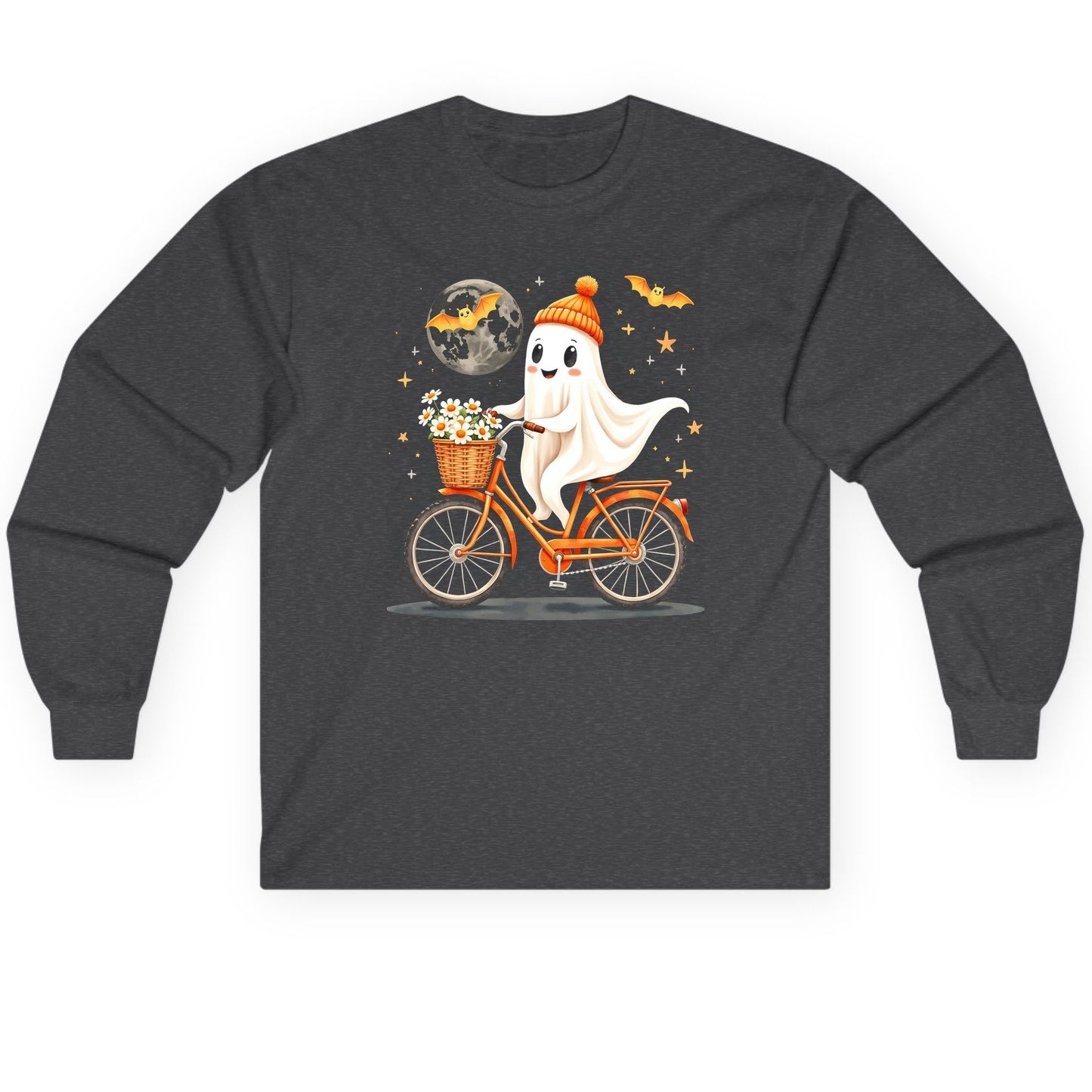 Cute Ghost on Bicycle cute ghost Long Sleeve Tee Dark Heather product mockup